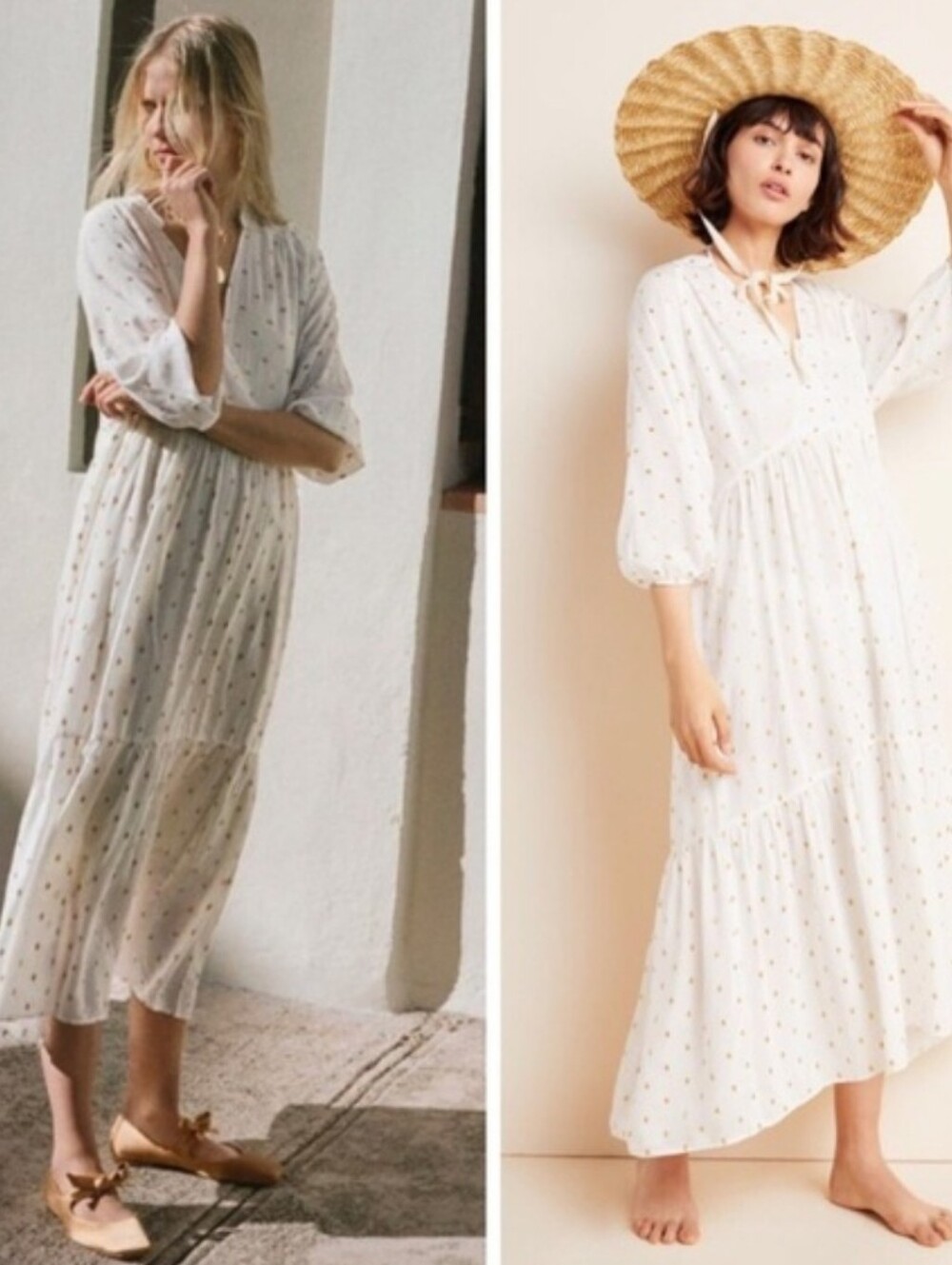 Anthropologie Augusta Cream Maxi Dress with Gold Dot Accent